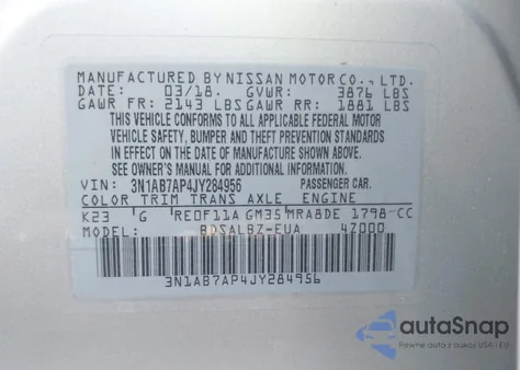 2018 Nissan Sentra S z USA, uszkodzony, nr VIN 3N1AB7AP4JY284956